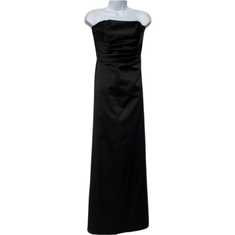 Night Way collection black satin strapless gown with ruched bodice size 10